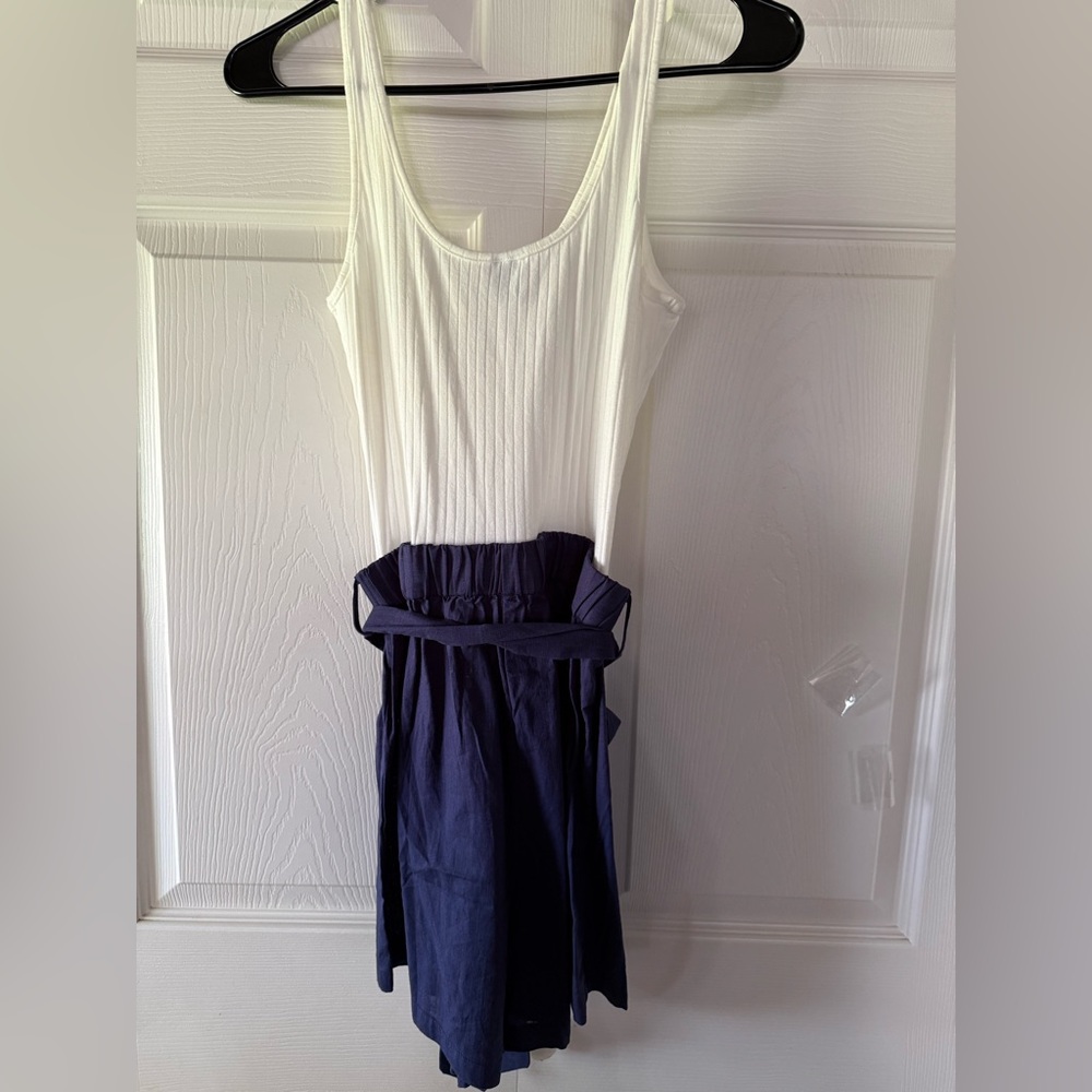 White Button-Front Tank with Navy Paperbag Waist Shorts - Picture 6 of 6